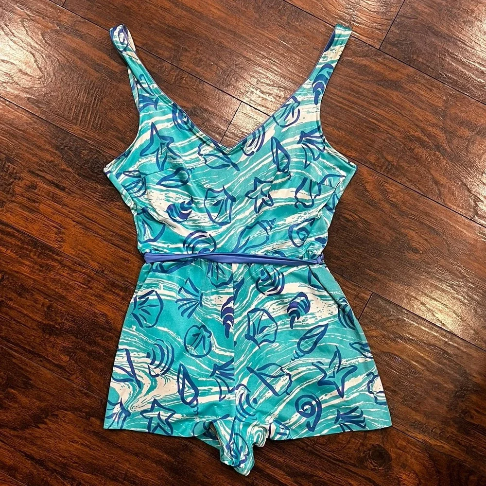 Vintage Sea Waves One-Piece Swimsuit, Women's Size 16, Seashells, Teal, Padded